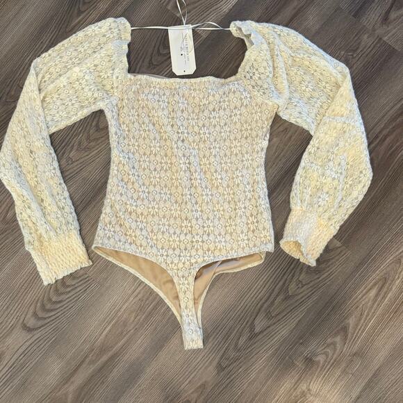 B. Original By Shoe Fly Tops - b.original Lace Bodysuit Medium Ivory Sweetheart Neck Boho Cottagecore Top